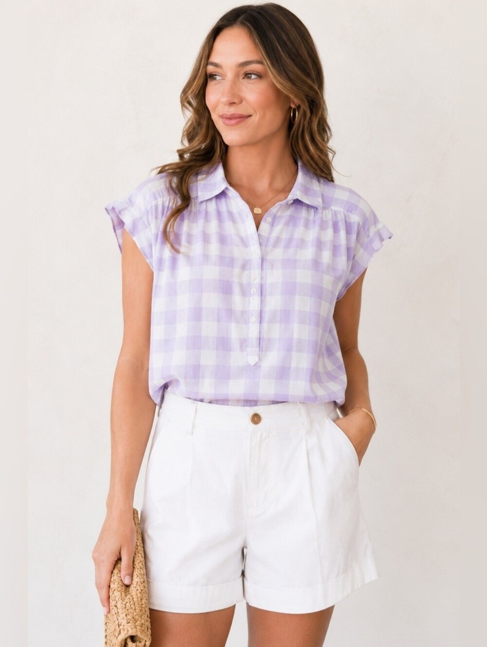 Loft pastel purple gingham plaid dolman top button down shirt women's large L